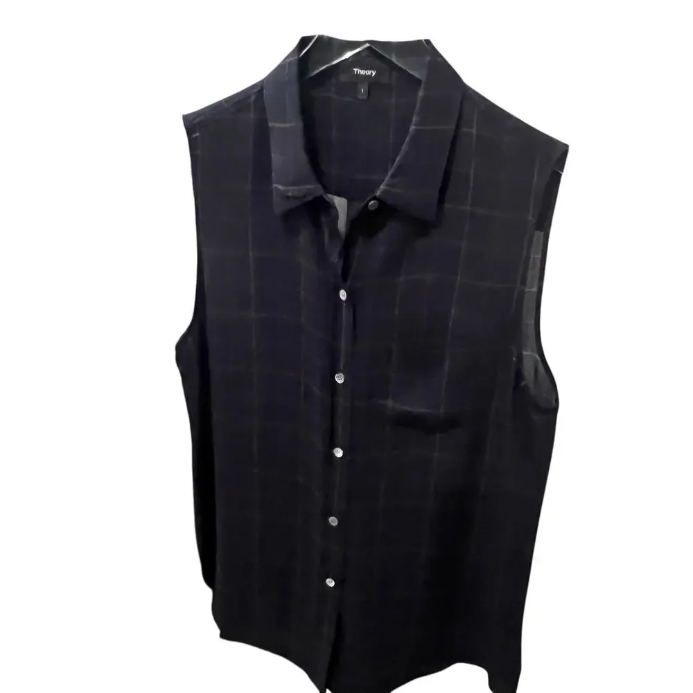 Theory Silk Blouse Tile Print Yarine Navy Blue Brown Sleeveless Size‎ L Academia